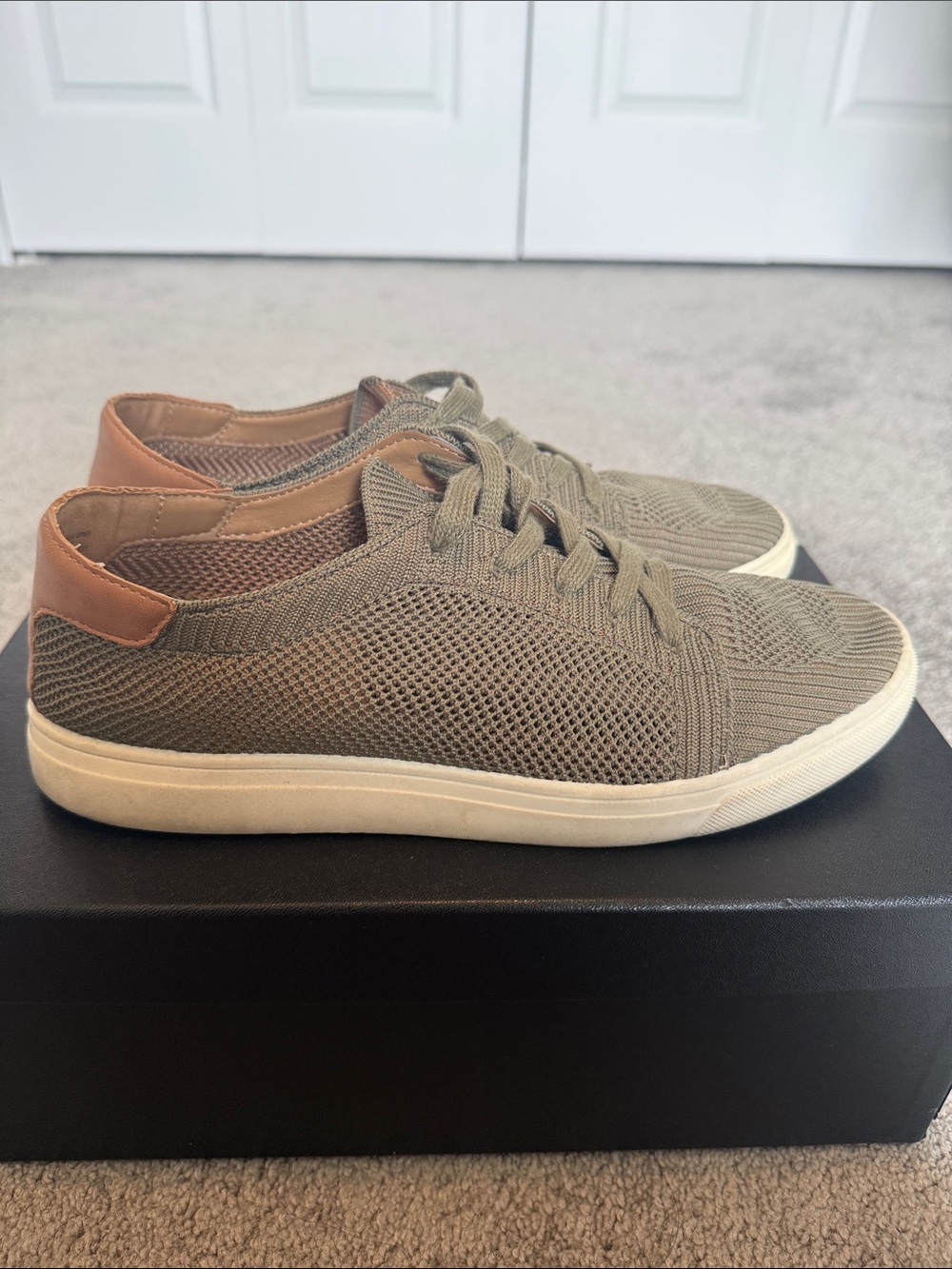 Casual Knit Lace-Up Sneakers in Olive with Tan Heel